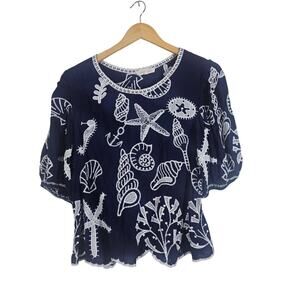Solitaire Nautical Embroidered Blouse L Navy White Seashell Boho Puff Sleeve